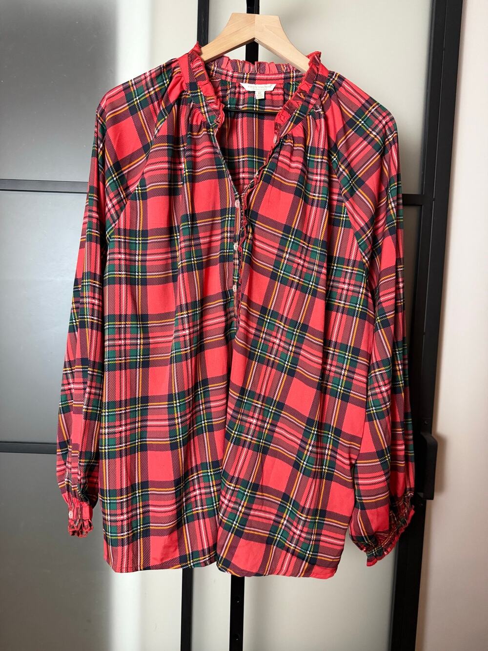 Simply Southern Christmas Plaid Tartan Ruffle Collar Blouse Size XL